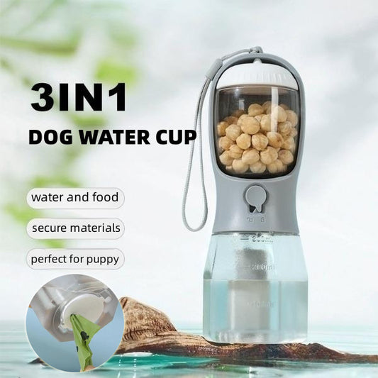 3-in-1 Portable Dog Water Bottle | Food & Waste Bag Dispenser for Pets